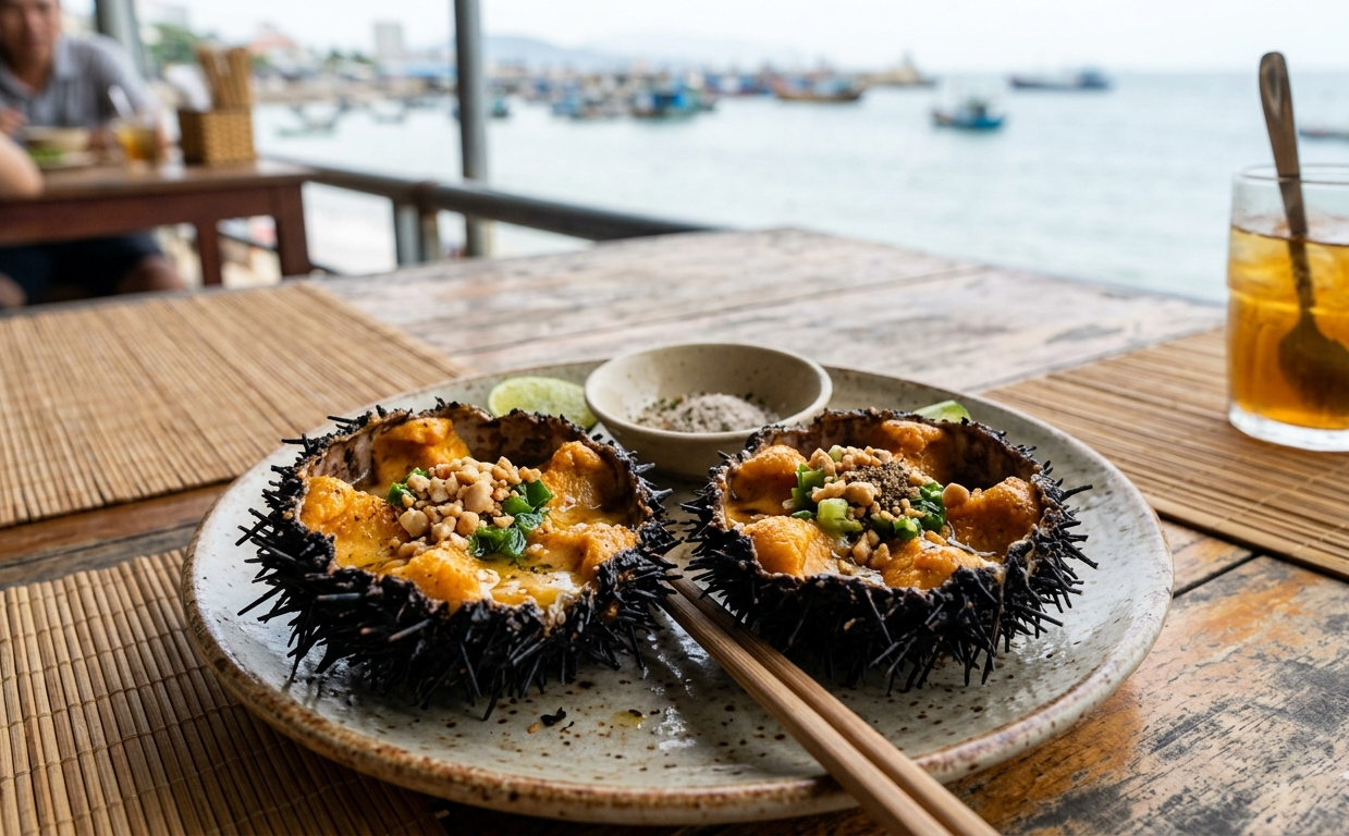 nhum bien cau gai grilled sea urchin